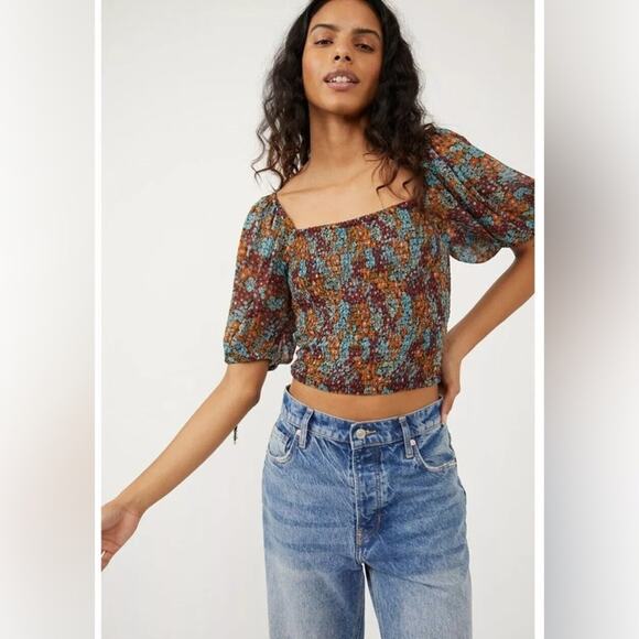 Free People Back On Top Cropped Top Dark Combo Size S Boho Smocked Puff Sleeve - Picture 1 of 13